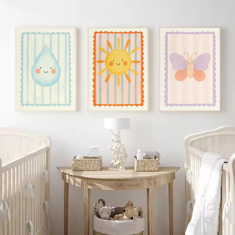 Retro Cartoon Nursery Smiling Sun Cute Raindrop Flower Motivational Quotes Poster Canvas Painting Wall Pictures Home Decor Peaceful Pleasures Health and Wellness