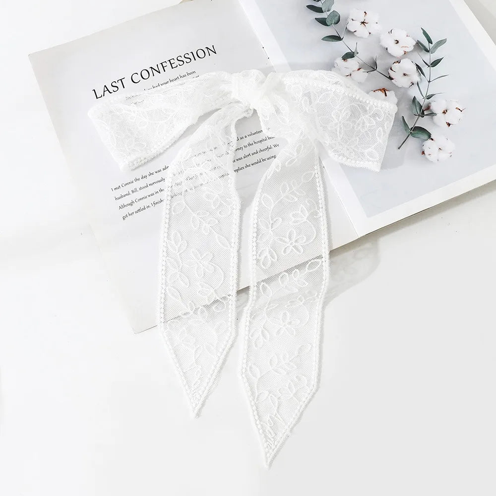 Women's Floral Embroidered Narrow Long Scarf Y2K Ribbon Headscarf