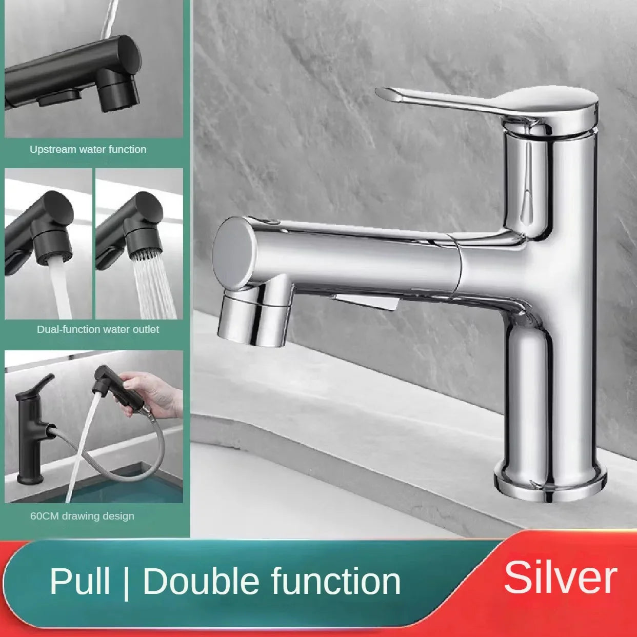 3-Pattern Pull-Out Bathroom Faucet | Single Hole Swivel Spout