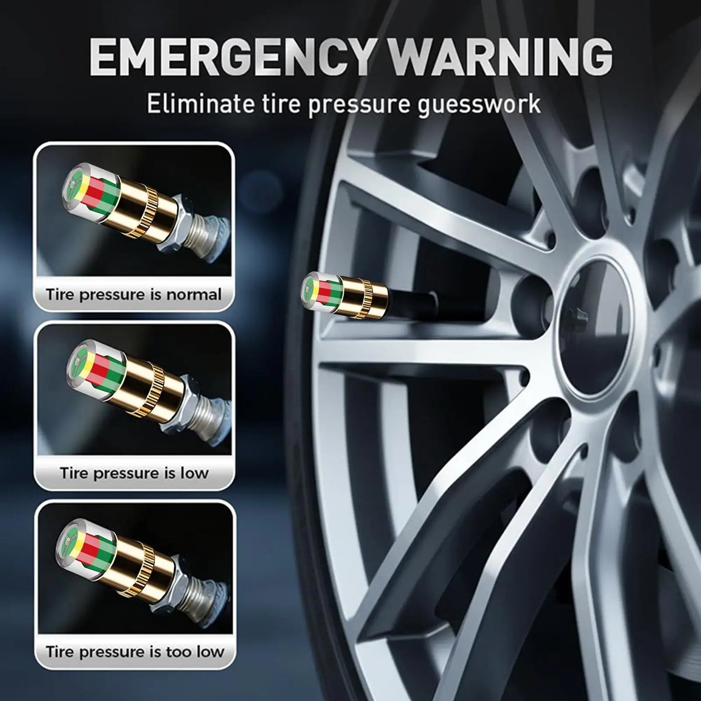 Tire Pressure Valve Stem Caps 4-Pack – Color Alert Indicator