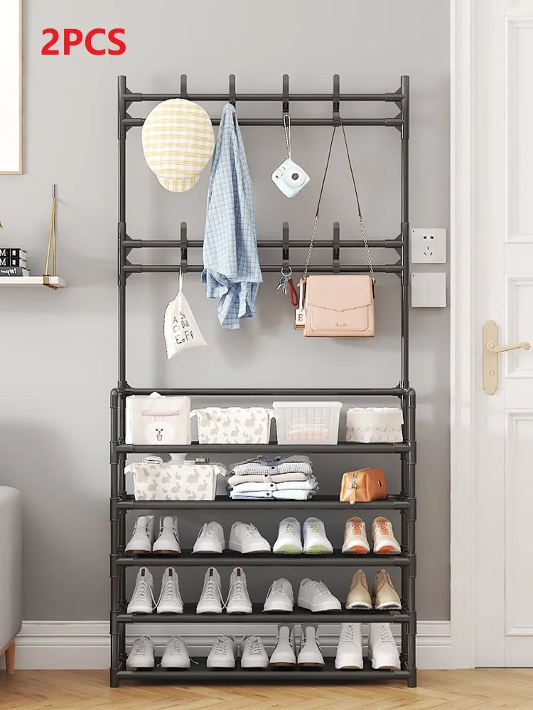 Five Layer Shoe Rack Simple Shoe Rack Integrated Storage Rack Household Shoe Rack Multifunctional Clothes Rack Coat Rack 2-piece Peaceful Pleasures Health and Wellness 2PCS Black