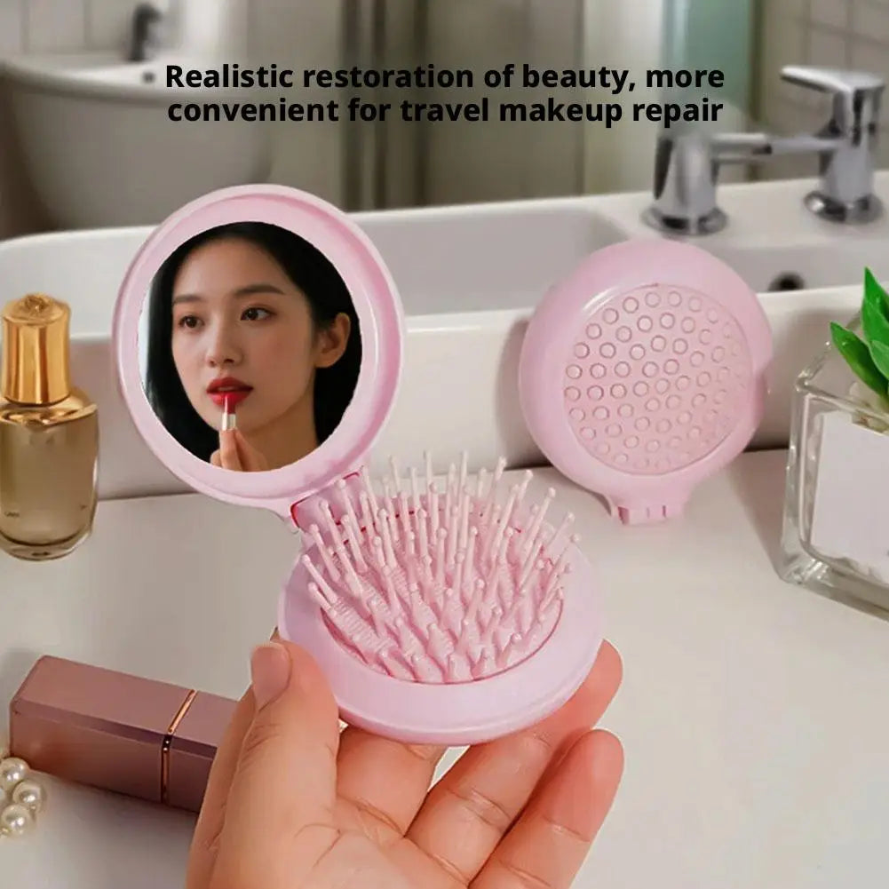 Folding Travel Hair Brush with Mirror – Compact Anti-Static Comb