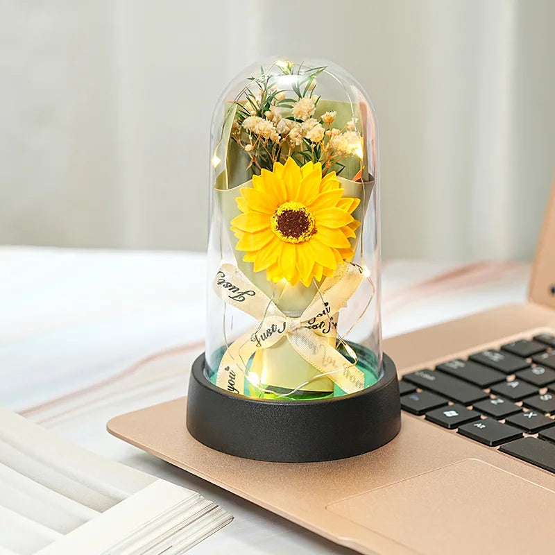 Romantic Gift Everlasting Rose LED Glass Dome Bouquet Romantic Illuminated Ornament Perfect Valentine's Day Christmas Home Decor Peaceful Pleasures Health and Wellness B
