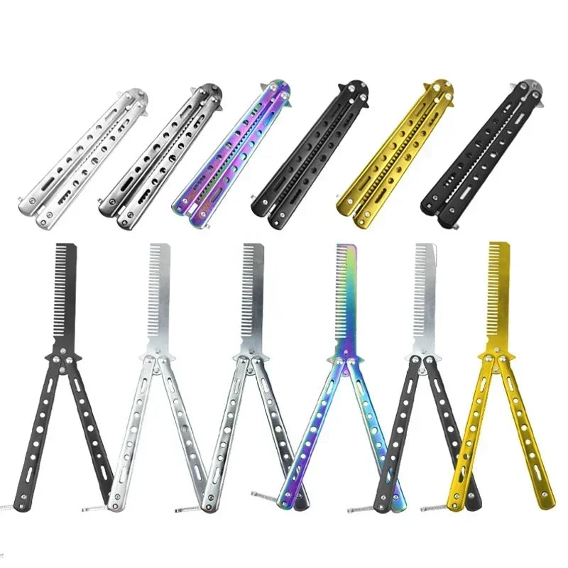 Foldable Comb Stainless Steel Practice Training Butterfly Knife Comb Beard Moustache Brushe Salon Hairdressing Styling Tool Peaceful Pleasures Health and Wellness