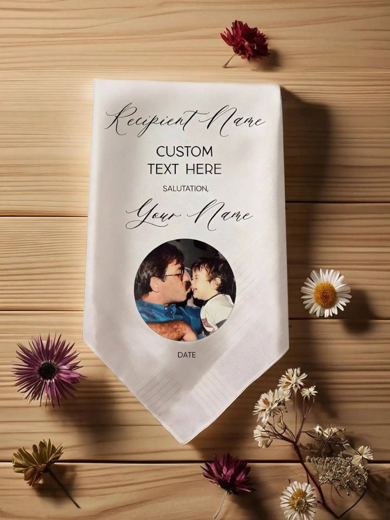 Custom Photo Handkerchief Personalized Cotton Hankie with Name Text Date 2 Sizes Gift for Mother Grandma Bride Groom Wife Peaceful Pleasures Health and Wellness