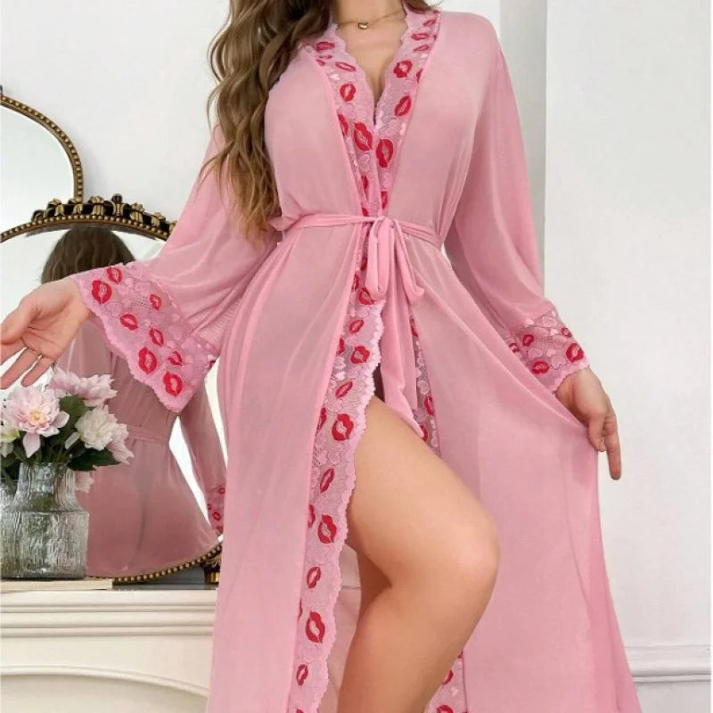 Women's Lace Sheer Long-Sleeve Robe & Lingerie Set