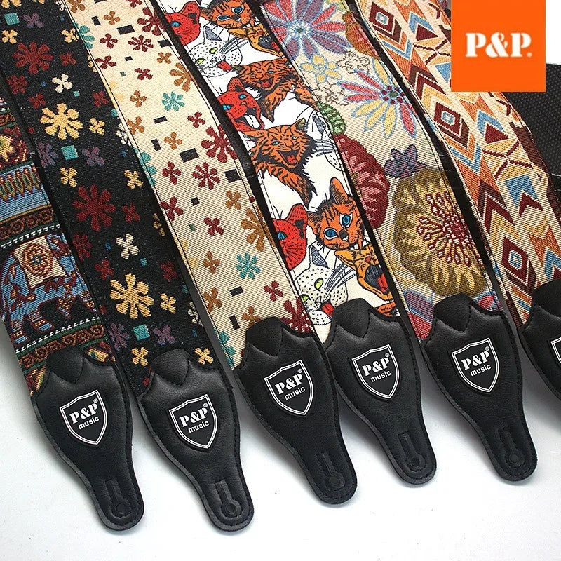 P&p Adjustable Embroidered Cotton Guitar Strap Widening Thickening