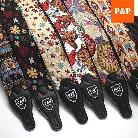 P&p Adjustable Embroidered Cotton Guitar Strap Widening Thickening Peaceful Pleasures Health and Wellness