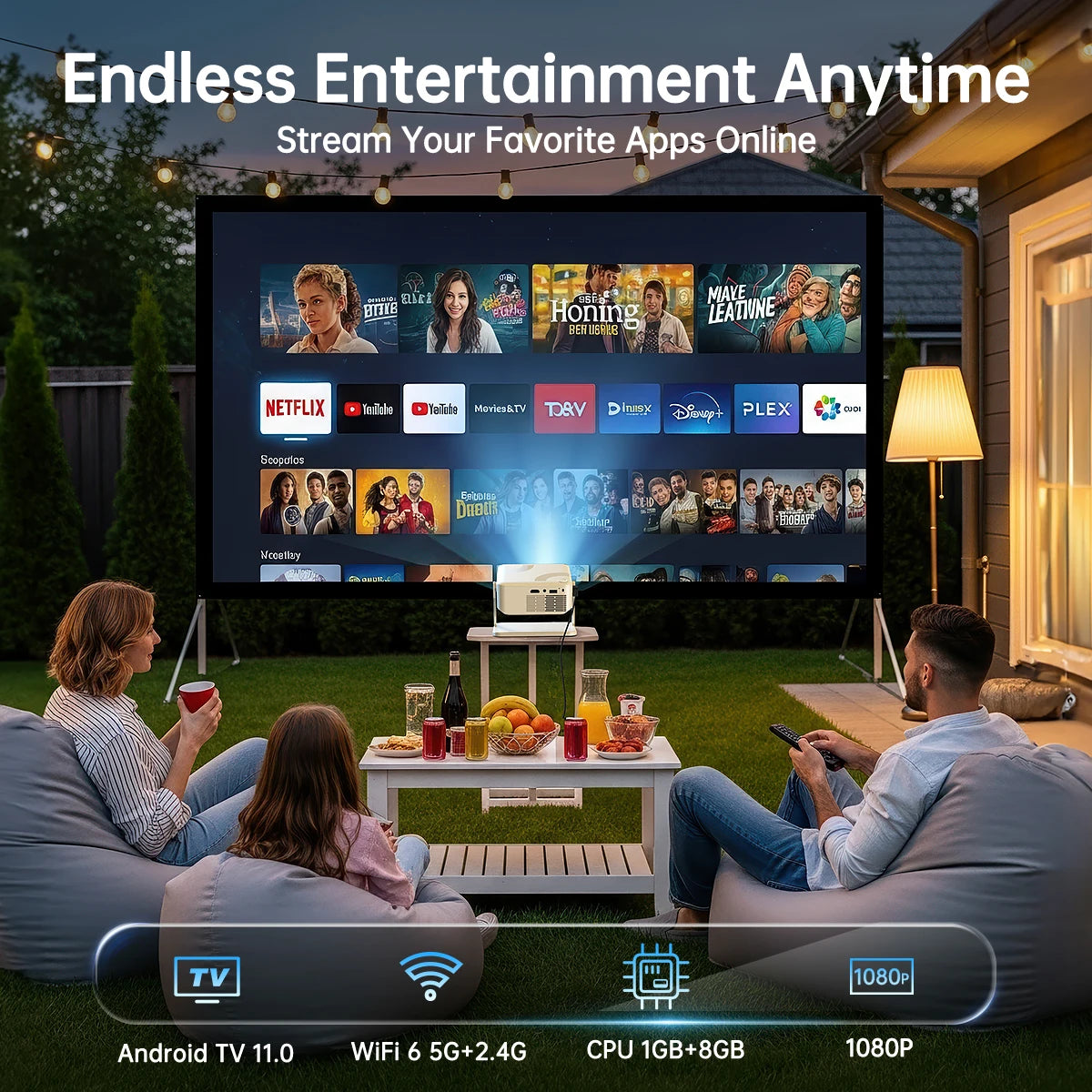 Mini Projector 1080P HD 280 ANSI, Portable Movie Projector 1GB 8GB Android 10 Cinema Projector with Wifi6 BT5.2,For Outdoor Home Peaceful Pleasures Health and Wellness