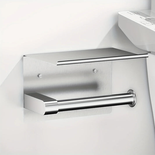 Stainless Steel Wall-Mounted Toilet Paper Holder with Shelf Toilet Paper Holder Peaceful Pleasures Health and Wellness Silvery