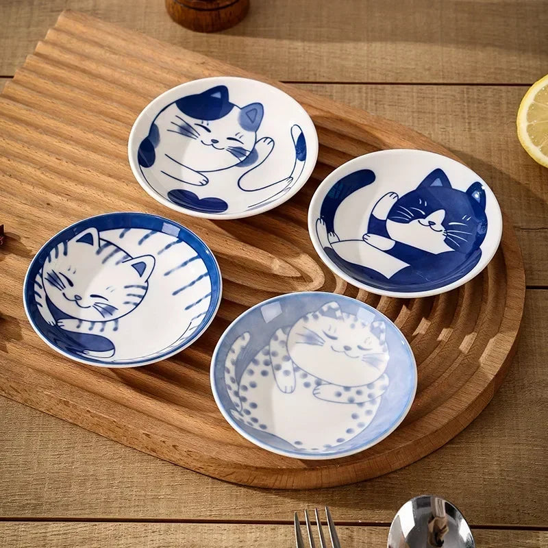 Japanese Style Cat Dish Cartoon Ceramic Dish Household Dining Table Dipping Dish Soy Sauce Dish Small Dish Seasoning Dish Peaceful Pleasures Health and Wellness