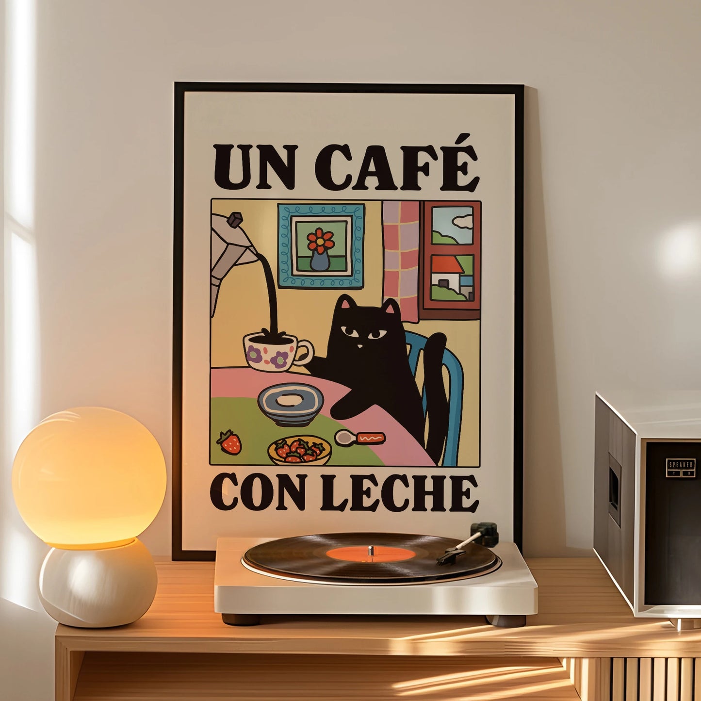 Cartoon Cat Café Con Leche Canvas Wall Art Print | Kids Room
