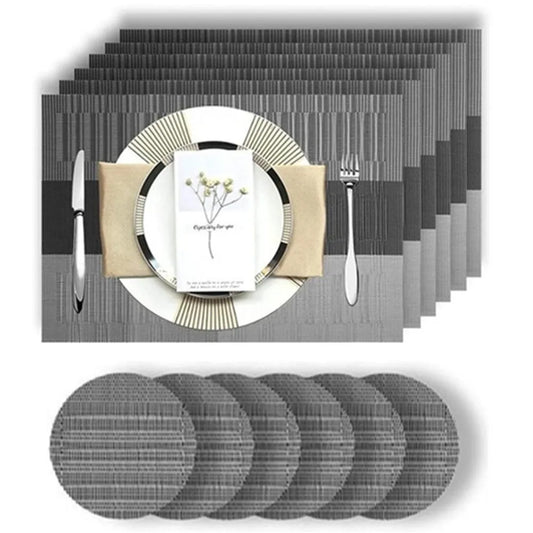 PVC Placemats Set of 6 with Coasters – Washable & Non-Slip Dining Placemats Set Peaceful Pleasures Health and Wellness Grey Black