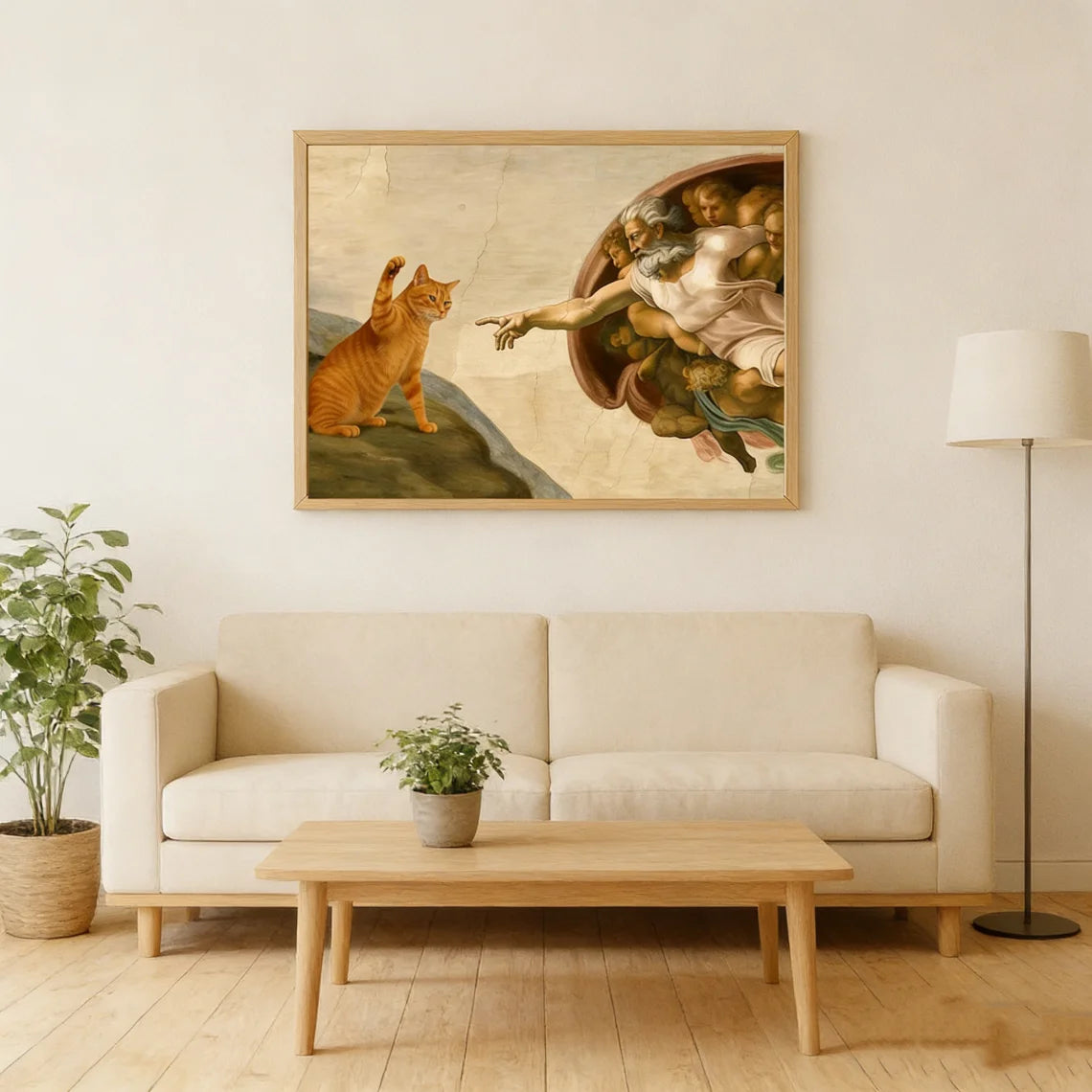"Whimsical 'Creation of Adam' with Orange Cat Wall Print Decor - Classic Art Parody Poster for Eclectic Living Room, Quirky Peaceful Pleasures Health and Wellness