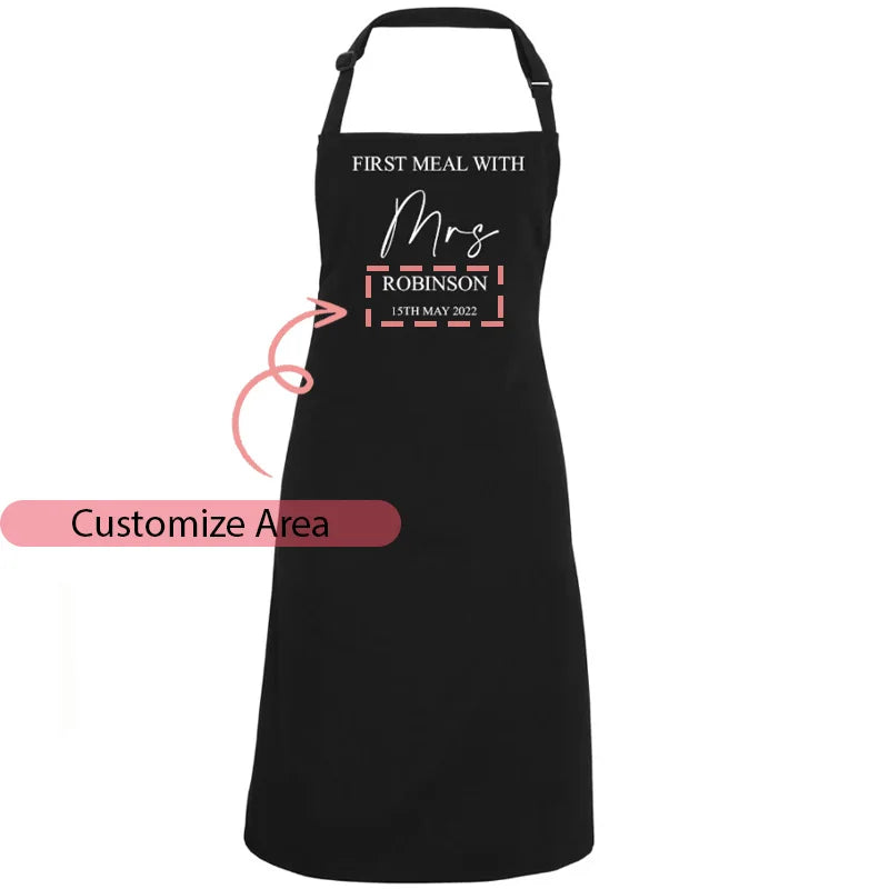 Personalized Wedding Apron | Mr & Mrs Newlywed Couple Gift Personalized Kitchen Apron Peaceful Pleasures Health and Wellness black Custom Text