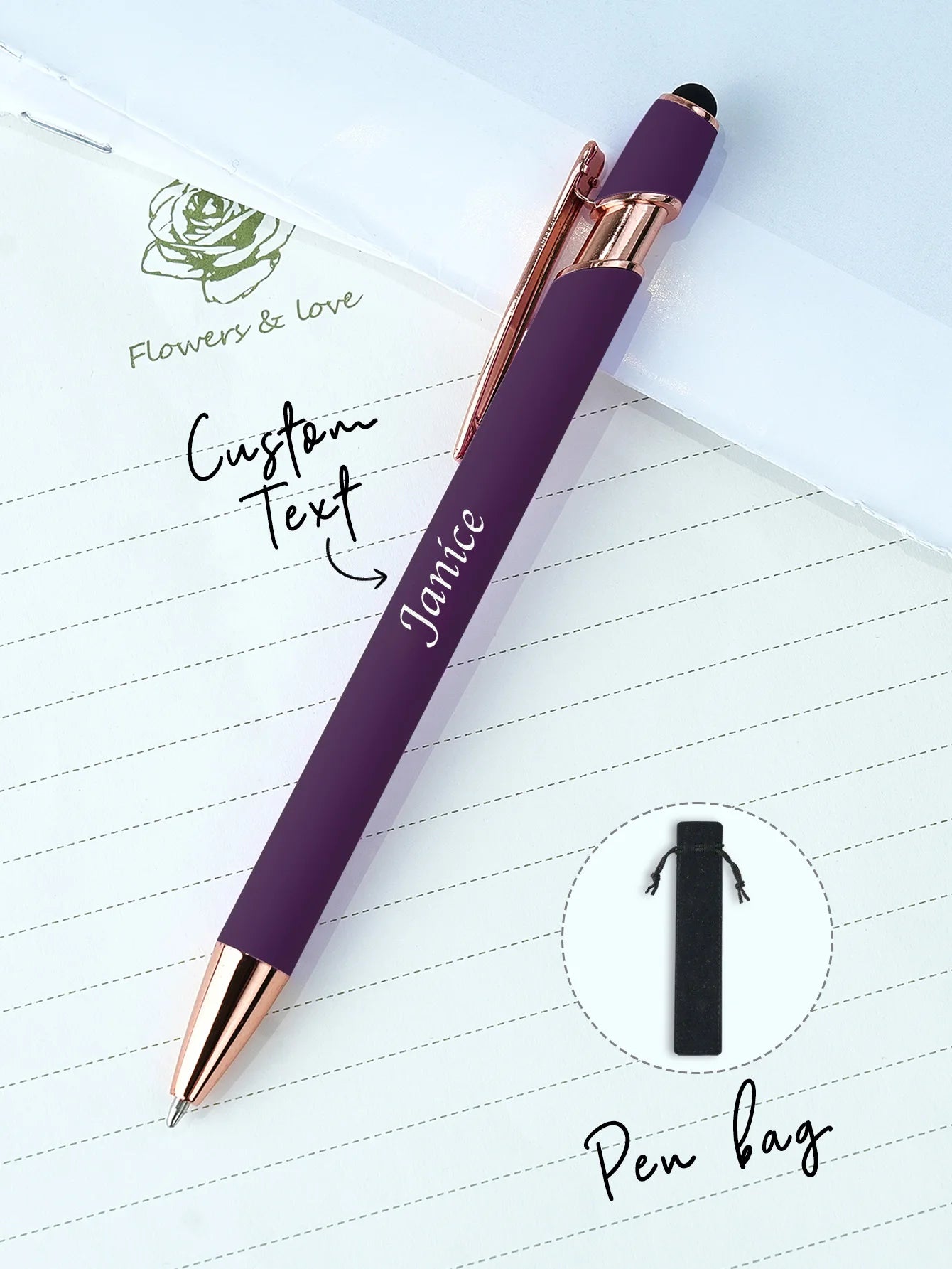 Custom Name Ballpoint Pen Personalized Engraved Stylus Soft Touch 10 Colors Gift For Coupes Teacher Student Back To School Peaceful Pleasures Health and Wellness Dark Purple One Size