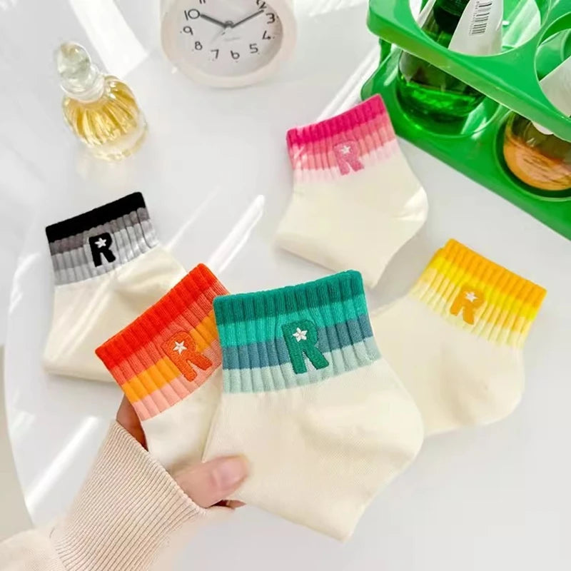 5 Pairs of Women's Rainbow Striped Socks With Embroidered Letters, Fashionable, Comfortable And Breathable Women's Socks Peaceful Pleasures Health and Wellness