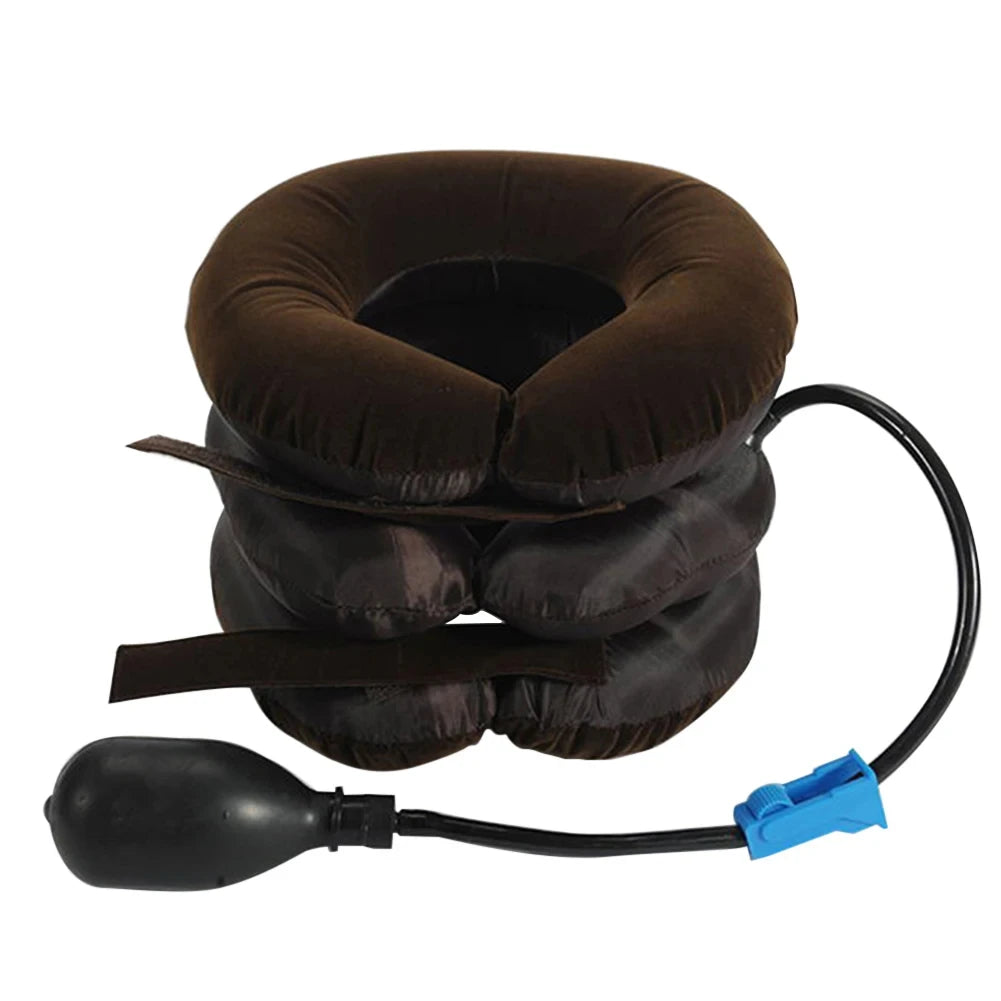 Inflatable Neck Stretcher Support Air Cervical Traction 3 Tubes Neck Braces Stress Relief Relaxation Men Women for Home Office Peaceful Pleasures Health and Wellness Brown