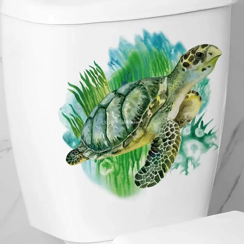 Water Plants Leaves Toilet Sticker Bathroom Wall Sticker Sea Turtles WC Self Adhesive Mural Stickers Home Decorations Decals Peaceful Pleasures Health and Wellness