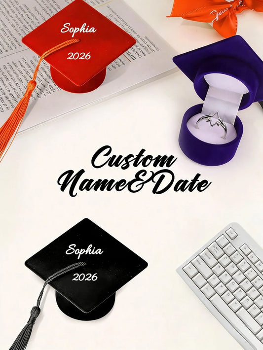 Custom Graduation Cap Ring Box Personalized Name Date Black Velvet Graduate Hat Jewelry Gift Box for High School College Peaceful Pleasures Health and Wellness