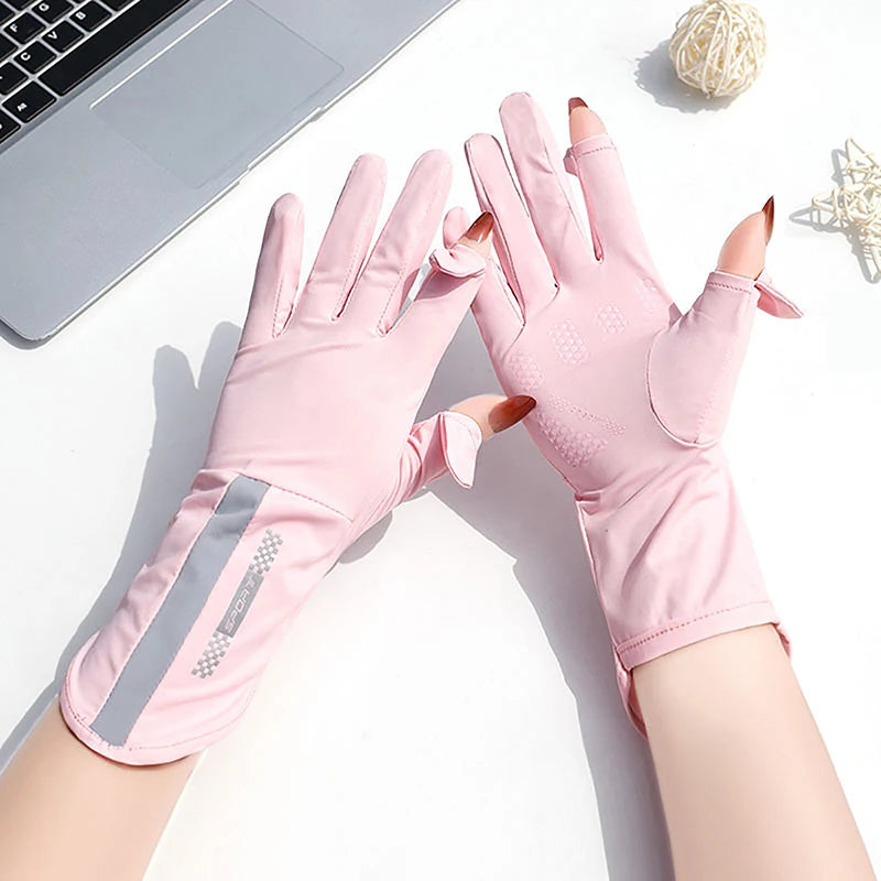 Summer Sun Protection Gloves Women Thin Ice Silk UV Protection Touch Screen Anti-slip for Driving and Cycling Breathable Gloves Peaceful Pleasures Health and Wellness Pink