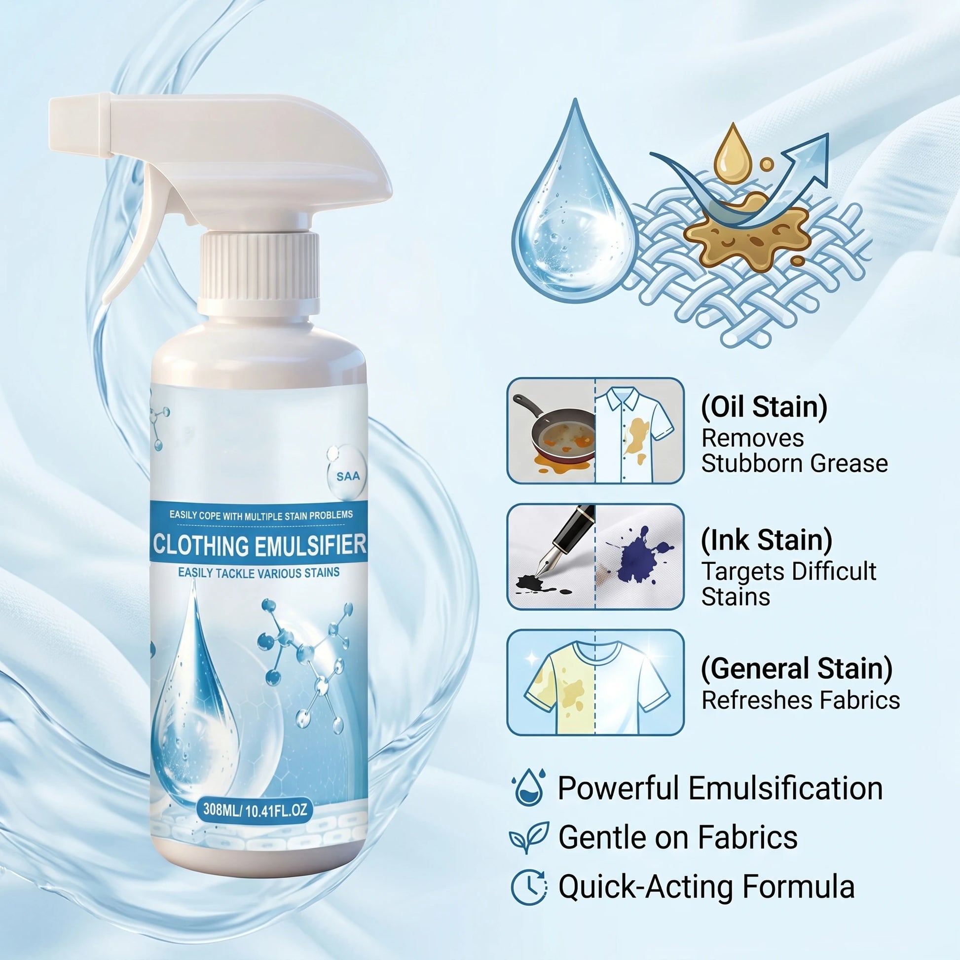 Clothing Emulsifier Stain Remover Spray for Oil, Grease, Food & Blood Stains Removal Preserves Colors and Freshens Clothes Peaceful Pleasures Health and Wellness