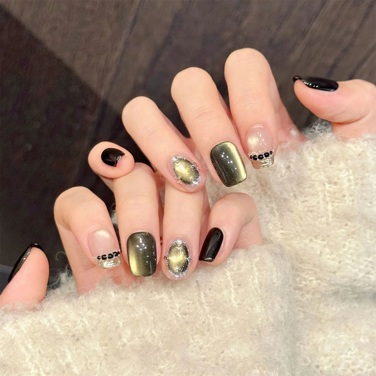 10Pcs Handmade Dark Green Cat's Eye Press on Nails Almond Advanced Fake Nails with Designs for Women Wearable Ballet Nail Art Peaceful Pleasures Health and Wellness M