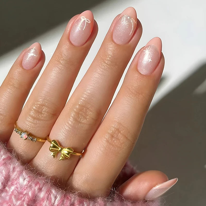 24/30Pcs Medium Fake Nail Set With Jelly Glue Gradient French Press On False Nail Elegantstyle Nails Full Cover Wearing False Peaceful Pleasures Health and Wellness