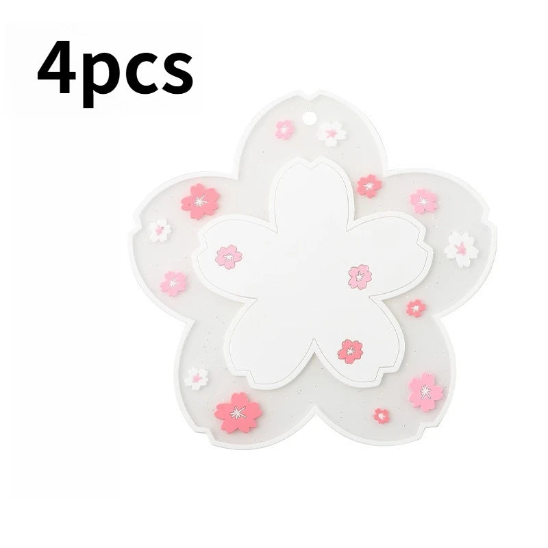 Kawaii Coasters Japanese Style Sakura Coffee Cup Coaster Sakura Insulated Table Mat Tea Milk Cup Home Decoration Drinkware Peaceful Pleasures Health and Wellness 4pcs white