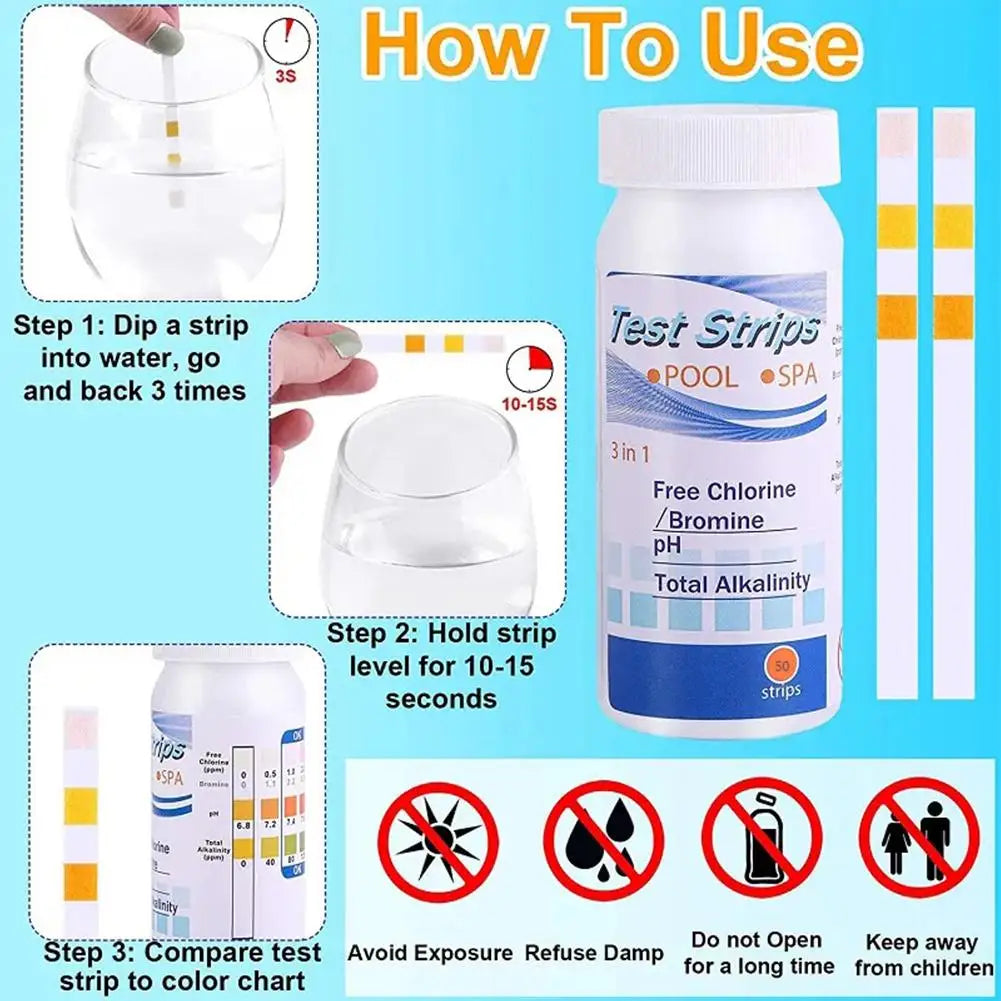 50-Pack Pool & Spa pH Chlorine Test Strips – 3-in-1 Water Tester