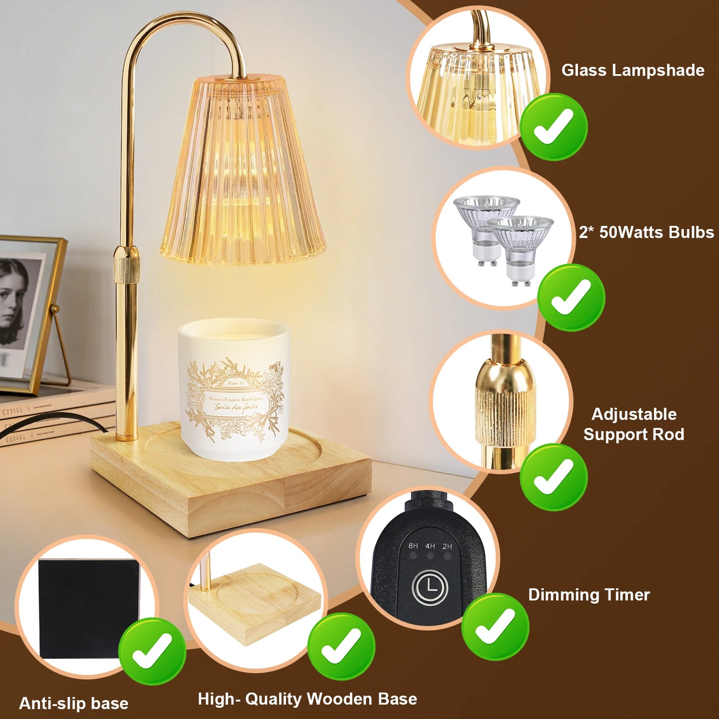 Candle Warmer Lamp With Wooden Tray Candle Holder Dimmable Height Adjustable Electric Night Light for Bedroom Home Desk Decor Peaceful Pleasures Health and Wellness