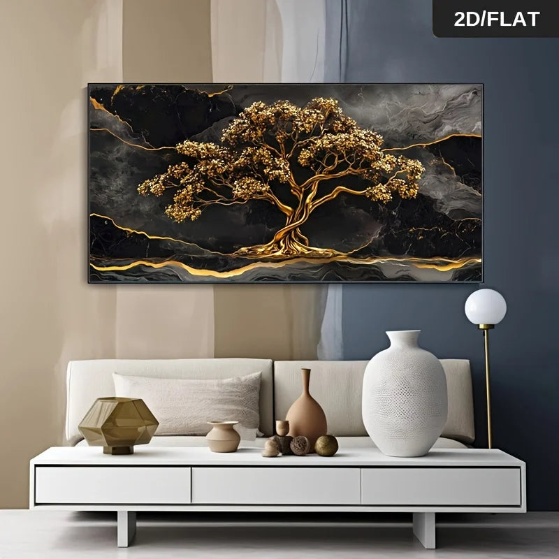 Frameless Modern Abstract Golden Tree Marble Canvas Wall Art - Large Size Golden & Black Painting Luxury Home Accent 2D Flat Peaceful Pleasures Health and Wellness