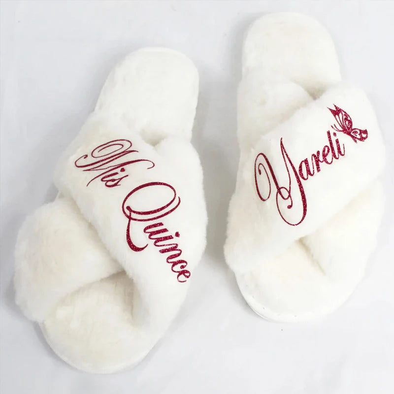 Personalized Mis Quince Fluffy Slippers | Quinceanera Gift Personalized Party Slippers Peaceful Pleasures Health and Wellness