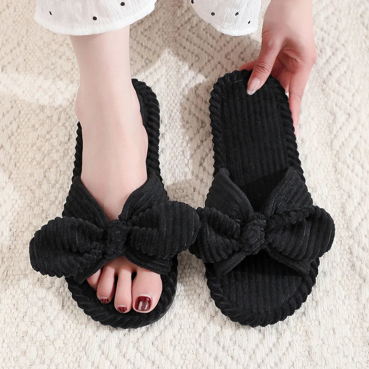 Women's Corduroy Bow Knot Indoor Slippers | Warm EVA Anti-Slip