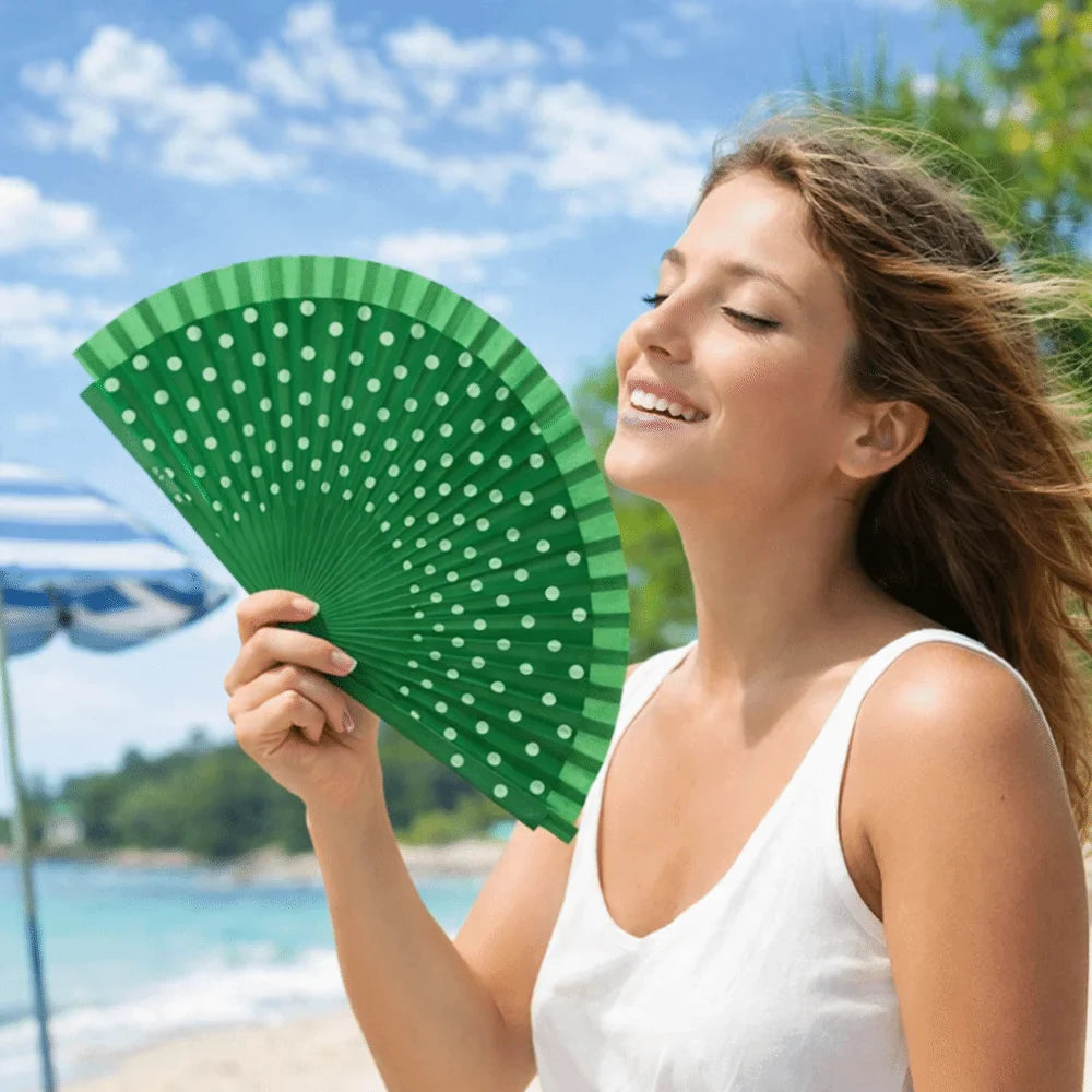 Flamenco Spanish Folding Fan – Dots Pattern Wood Handle 42cm