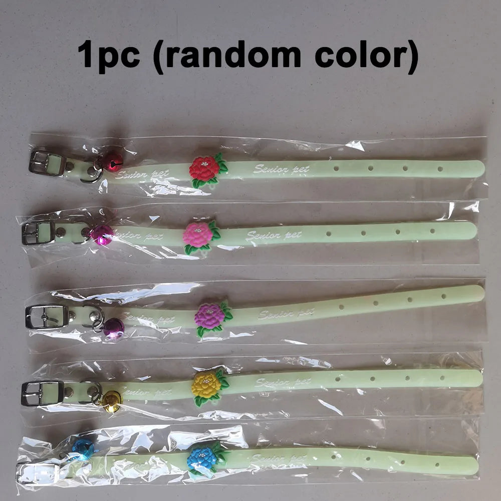 Luminous Cat Necklace Glowing Kitten Puppy Collar Anti-Lost Fluorescent Silicone with Bell Collar Neck Ring Pet Dog Cat Collar Peaceful Pleasures Health and Wellness Flower 1pc