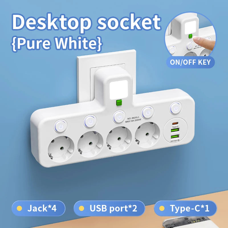 EU Plug Multi Socket Power Strip with USB-C USB Ports Night Light Individual Switches 2500W Wall Charger Adapter for Home Office Peaceful Pleasures Health and Wellness White 4 holes EU Plug