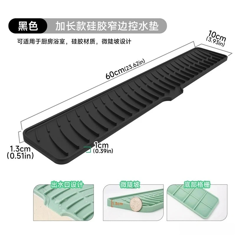 Sink Silicone Drain Mat Slope Diversion Water Pad Narrow Edge Water Control Mat Basin Splash Guard Pad Heat Resistant Drain Pad Peaceful Pleasures Health and Wellness black -L60W10cm silicone