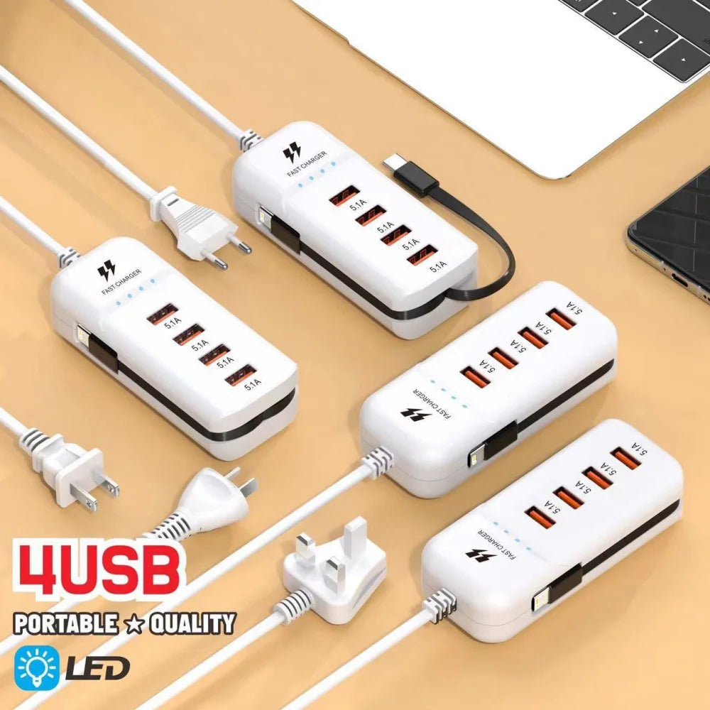 66W USB-C Fast Charger Station PD QC3.0 | 4-Port Wall Charger