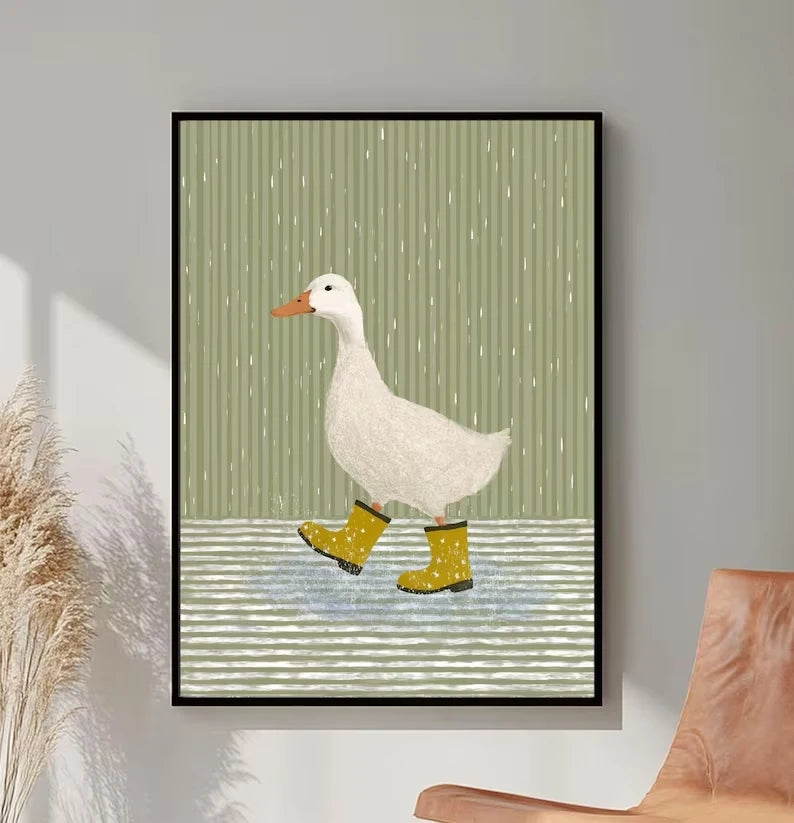 3-Piece Sage Green Duck Canvas Wall Art | Striped Poster Set