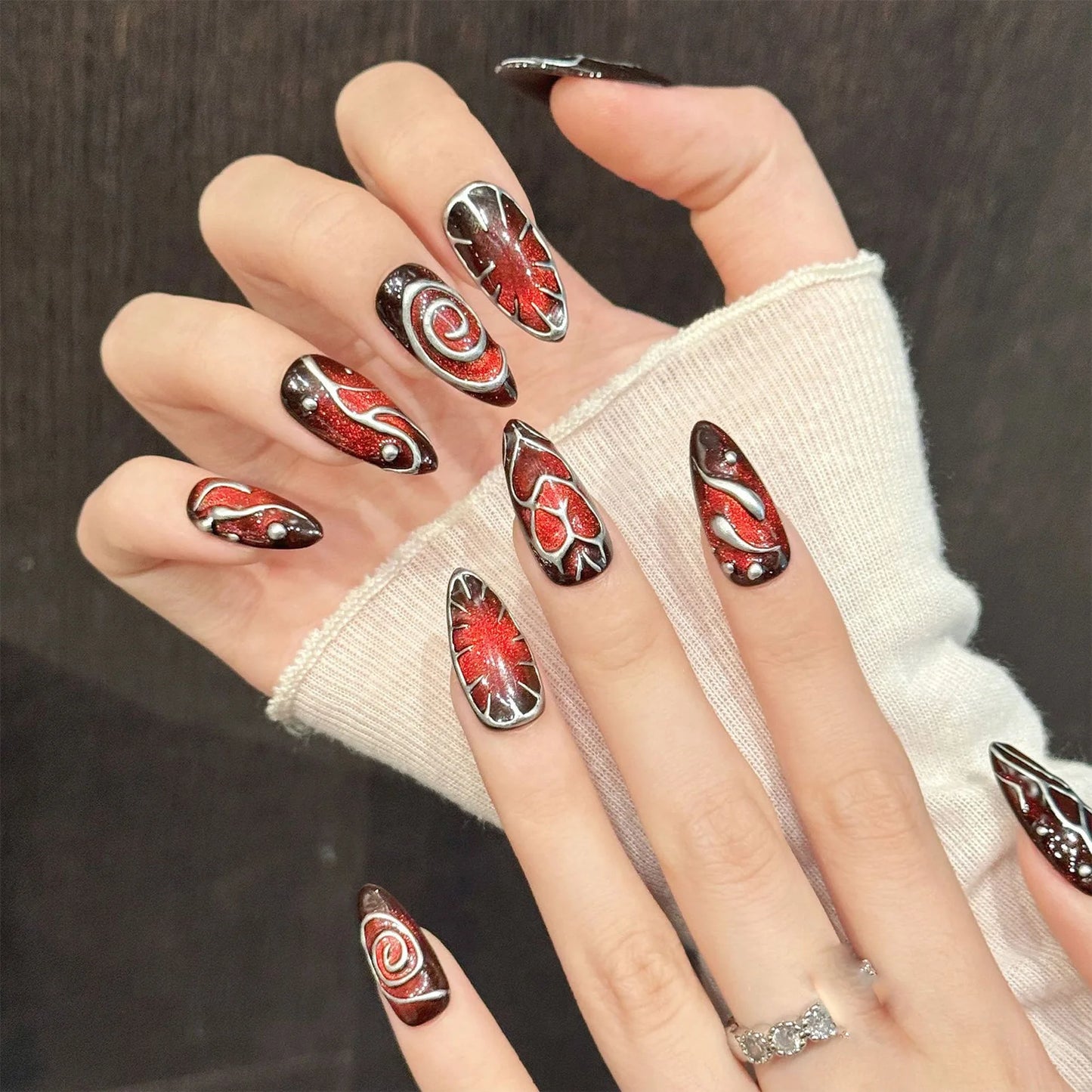 10pcs Handmade Press on Nails Retro Red Brown Cat's Eye Fake Nail Tips Wearable Y2K Long Almond Flash Cool 3D False Nails Decor Peaceful Pleasures Health and Wellness