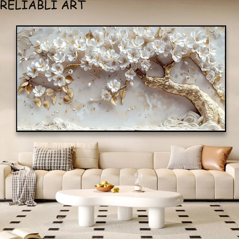 3D Golden White Flower Tree Poster and Prints Light Luxury Canvas Painting Wall Art Pictures for Living Room Home Decor No Frame Peaceful Pleasures Health and Wellness flower 24 7-25-2 50x100cm