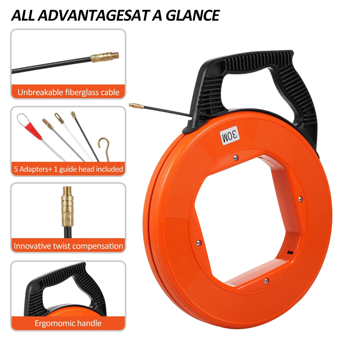Cable Retractable Aid 30m High-quality Spiral Including 6 Adapters
