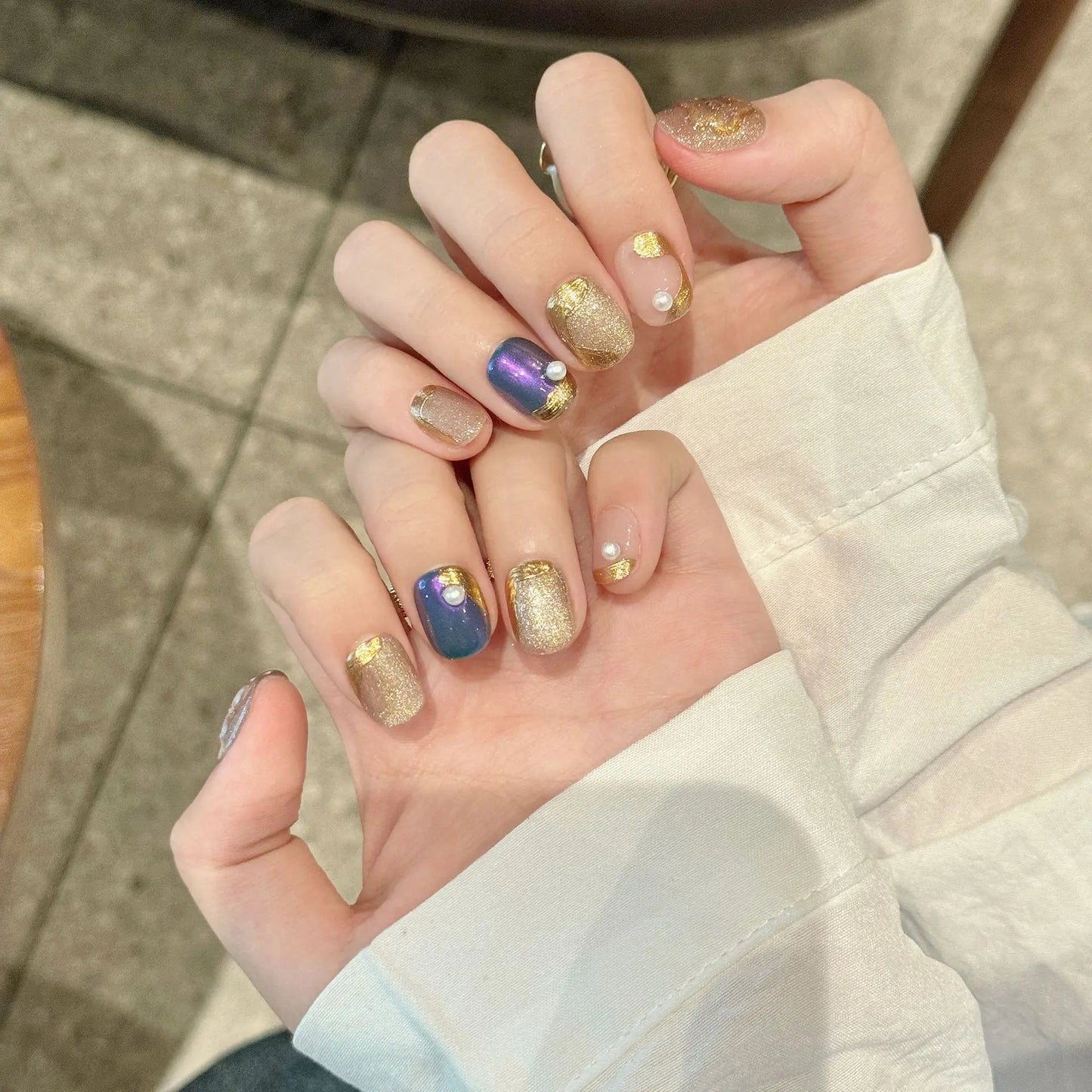 Handmade Press-On Nails Vintage French Gold Foil & Pearl Design