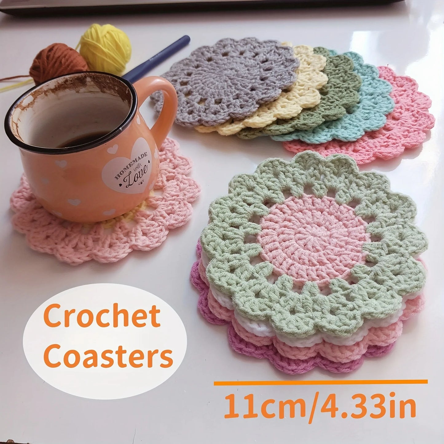 4-Pack Handmade Flower Crochet Coasters | Pink Felt Cup Mats