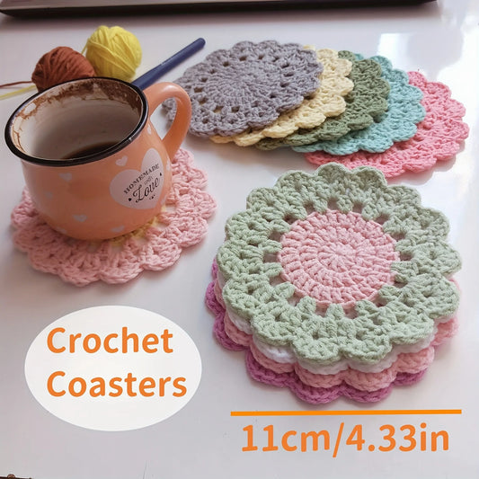 4-Pack Handmade Flower Crochet Coasters | Pink Felt Cup Mats Decorative Coaster Set Peaceful Pleasures Health and Wellness