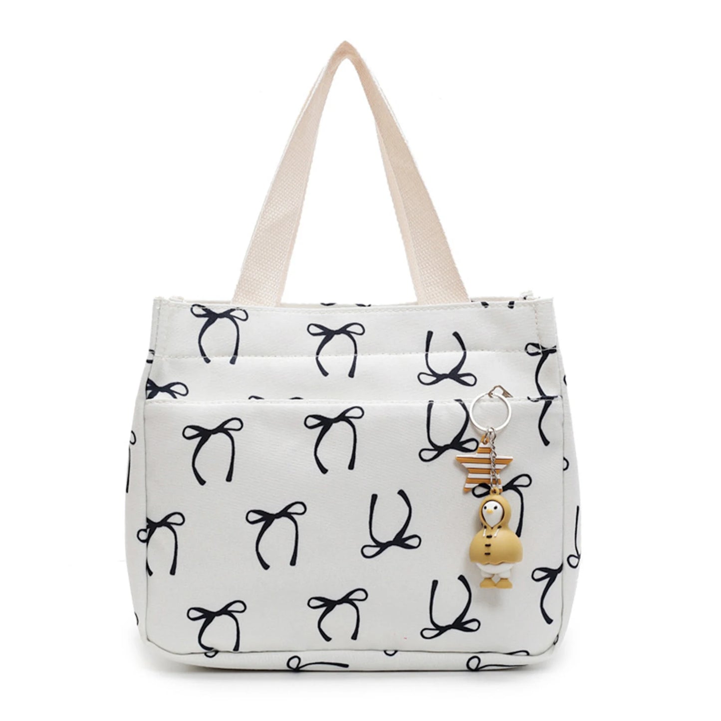 Canvas Lunch Bag With Bow Pattern Pendant Lightweight Bento Tote For Women For Office Commute Travel Picnic Food Storage Peaceful Pleasures Health and Wellness black