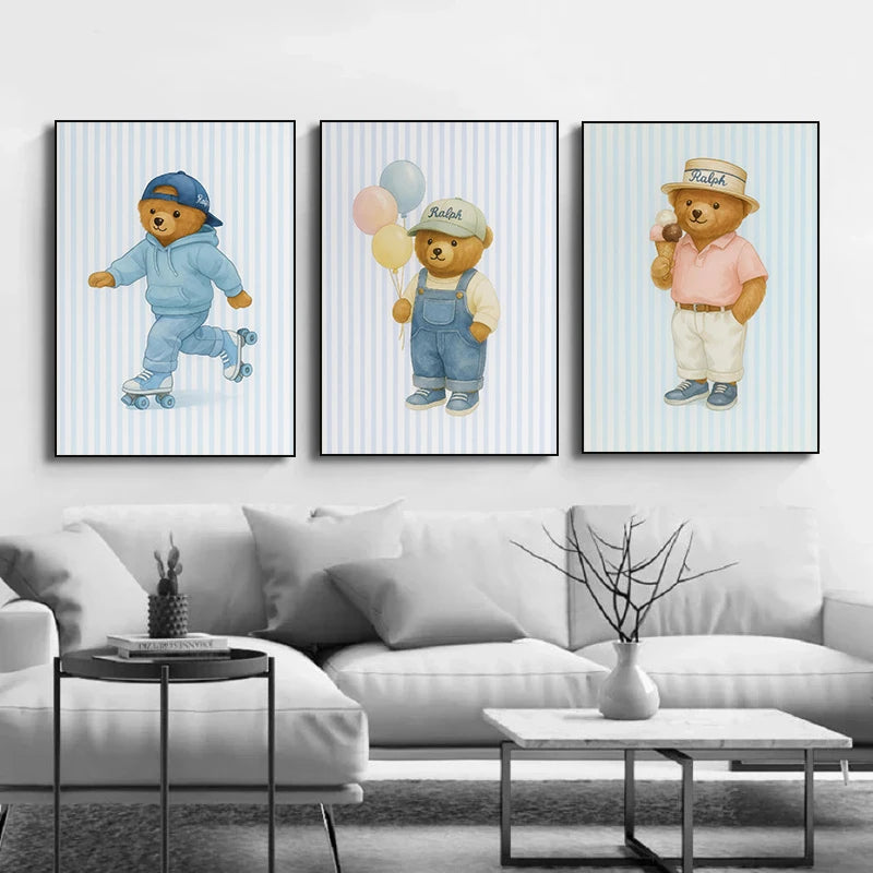 Skating Teddy Bear Playing Guitar Reading Blue Striped Poster Canvas Painting Print Wall Art Picture for Living Room Home Decor Peaceful Pleasures Health and Wellness
