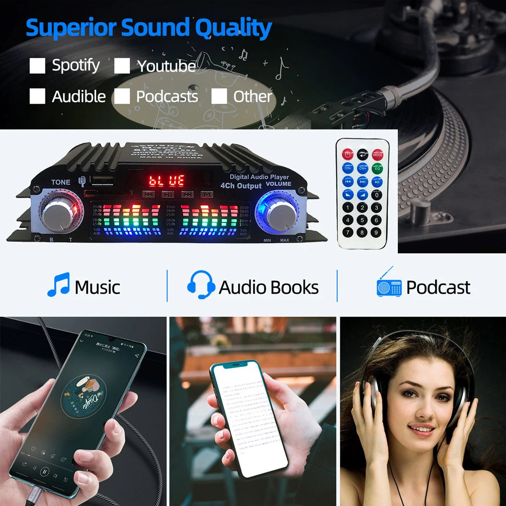 1600W Peak Power Home Car Power Amplifier FM Radio USB Bluetooth-Compatible 4 Channel Bluetooth-Compatible Sound Remote Control Peaceful Pleasures Health and Wellness