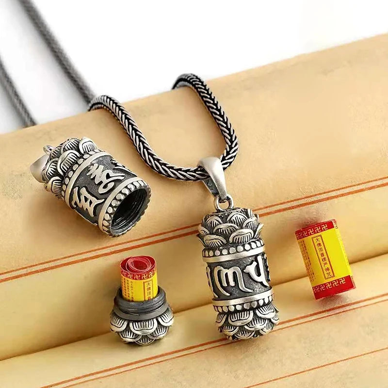 1Pc Hollow Copper Plated Lotus Sutra Cylinder Pendant Keychain Handmade Vintage Pill Box Container Bottle Peaceful Pleasures Health and Wellness